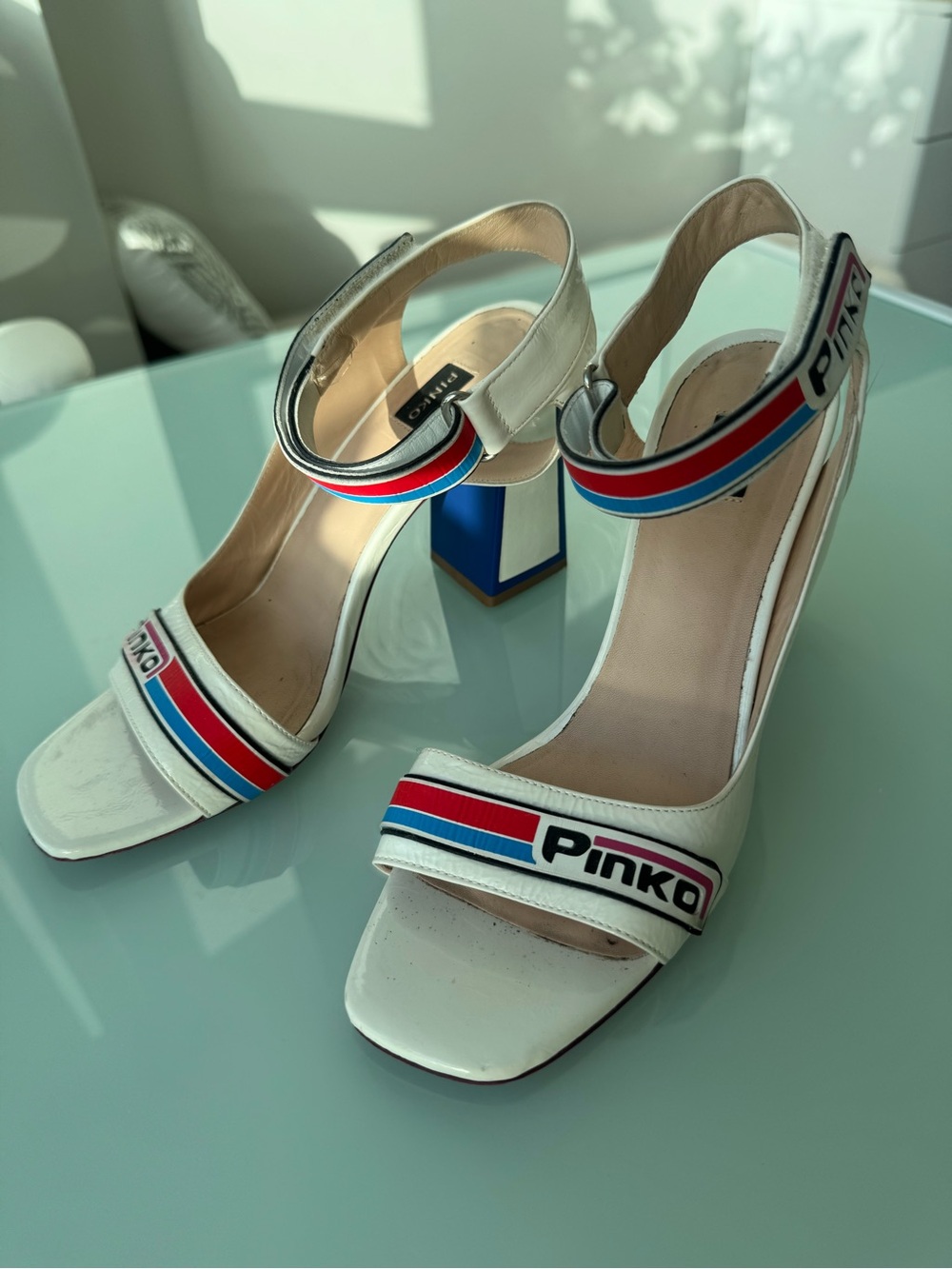 Pinko White Leather Block Heel Sandals with Red & Blue Stripe Trim